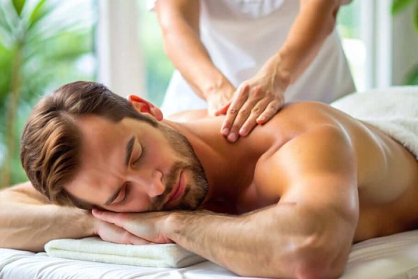 Un homme allongé sur le ventre sur une table de massage dans un cadre de spa professionnel tamisé au Québec, recevant un massage de détente pour relâcher les tensions.