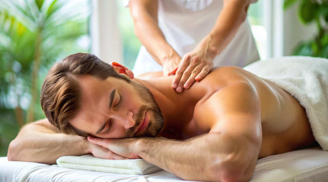 Un homme allongé sur le ventre sur une table de massage dans un cadre de spa professionnel tamisé au Québec, recevant un massage de détente pour relâcher les tensions.